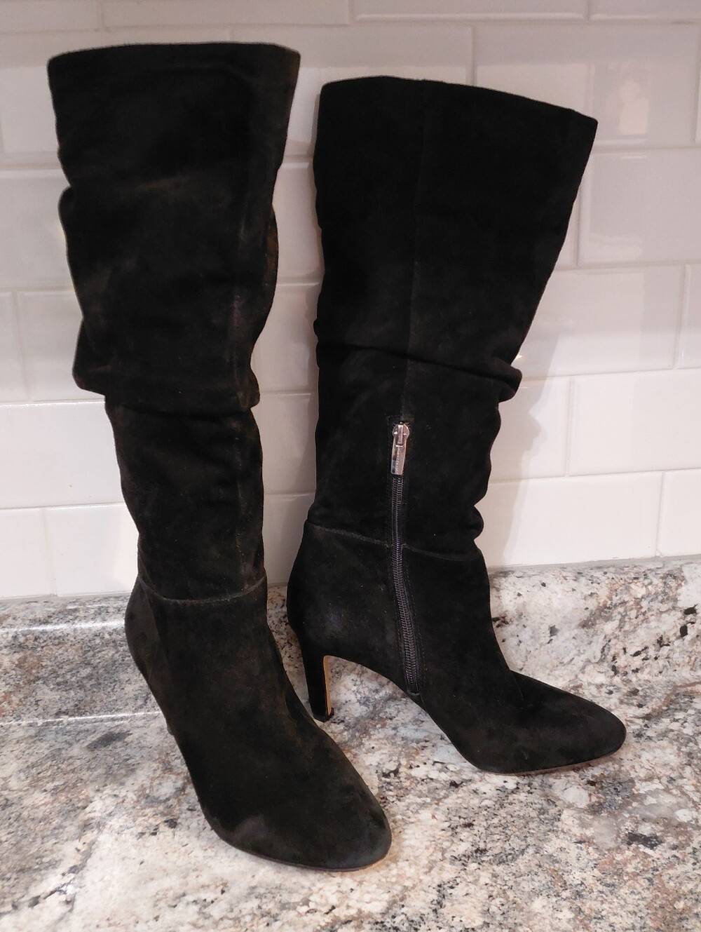 Vince Camuto Black Suede Slouch Tall Heel Boots Size Zipper